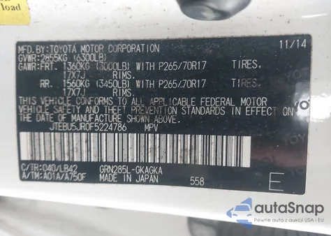 2015 Toyota 4Runner Sr5 Premium from USA, damaged, VIN JTEBU5JR0F5224786